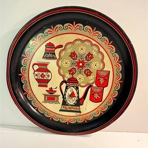 RARE Maxey Vintage 1950-1960’s Retro 
Black Red White Metal Tray Round Wall Art